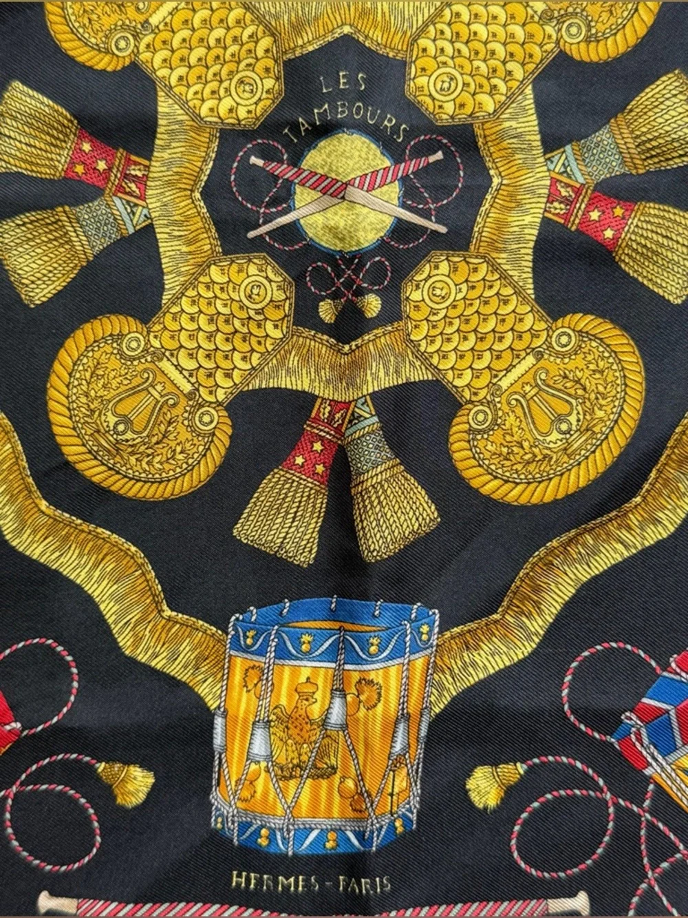 Hermès Les Tambours Silk Pocket Square Scarf Black Gold 16.5” - Picture 3 of 4